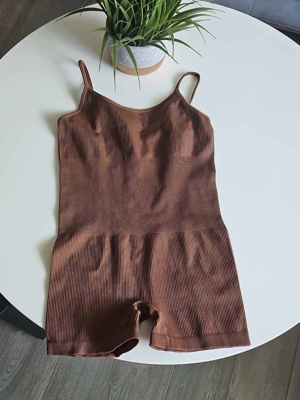 Vingostar Brown Ribbed One-Piece Bodysuit Shapewear